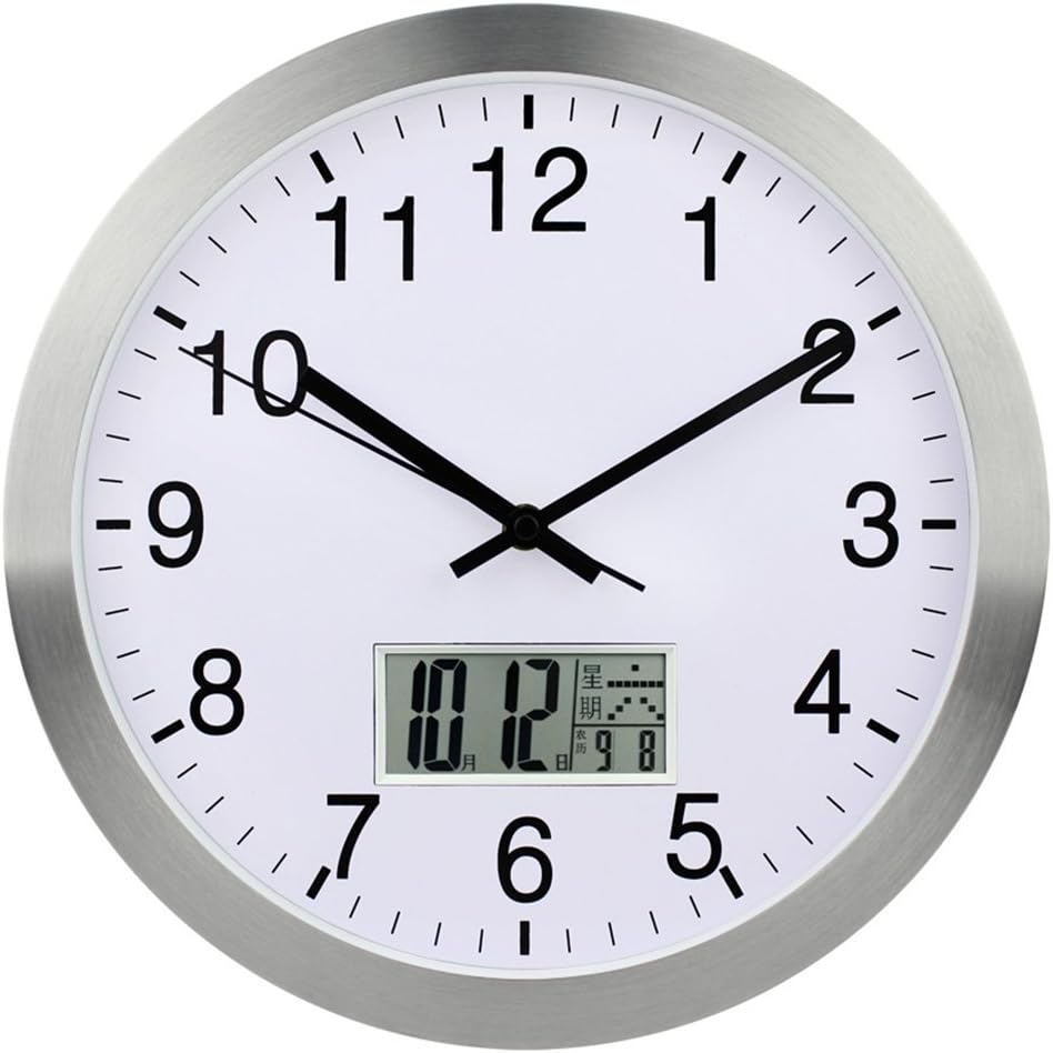 WALL CLOCK 12 Inches Silent Non-ticking W/Aluminum Frame, Acrylic Front Cover, Date, Indoor Temperature, Week (Color : Silver)