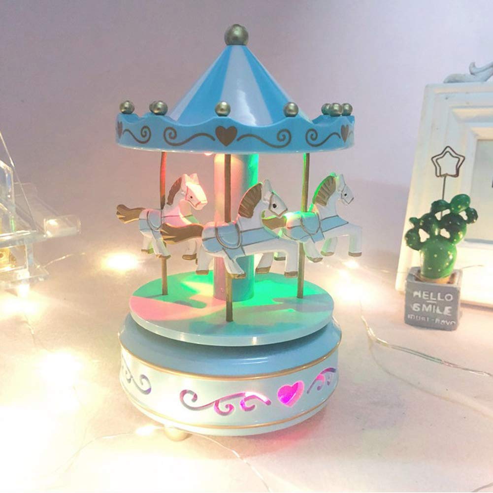 IBLUELOVER Classic Carousel Music Box LED Colour Changing 4 Horse Rotating Music Box Light Melody Artware Birthday Christmas Festival Musical Gift