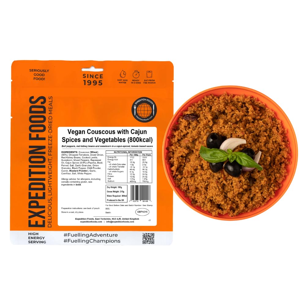EXPEDITION FOODS Vegan Couscous with Cajun Spices and Vegetables (High Energy Serving / 800KCAL) | Freeze-Dried Camping & Hiking Food