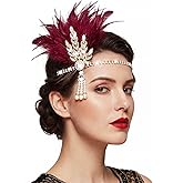 BARTOSI 1920s Flapper Headband Roaring 20s Headpiece Leaf Rhinestone Headwear Feather Hair Accessories for Women (Wine Red)