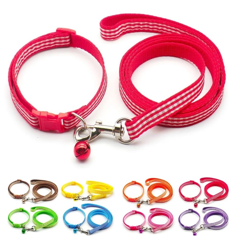 Small Dog Puppy Pet Collar and Lead Set Check Design Nylon Adjustable Size 19-32cm Collar with Bell and 120cm Leash Red