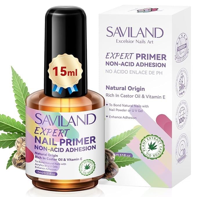 SAVILAND Nail Primer No Lift: Acid Free Primer Nail Prep Bond with Vitamin E Ingredient Castor Oil for Gel Acrylic Dip Nails, Ultra-Strong Adhesion Protein Bond Nail Supplies Home Salon