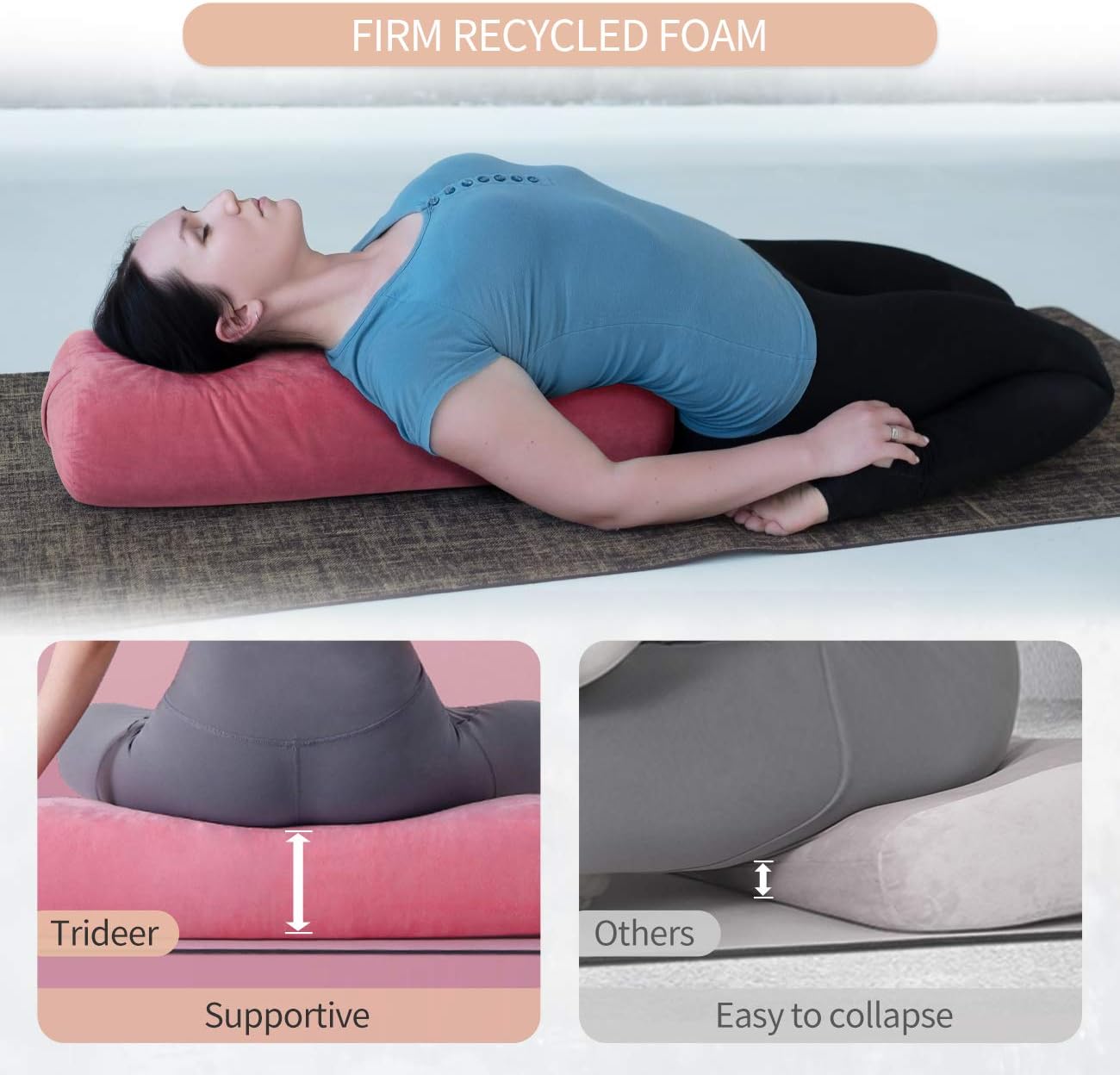 Trideer Yoga Bolster Pillow | Combo Set of Yoga Strap & Rectangular Meditation Pillow, Soft Velvet & Optimal Support, 800g Light Weight with Carry Handle : Sports & Outdoors