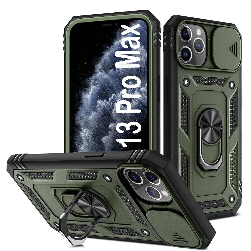 PASNEW Military Case for iPhone 13 Pro Max Camera Cover Slide & 360°Metal Ring Kickstand,Multi-Layer Heavy Duty Shockproo Hard Shell for 13Promax,Army Green