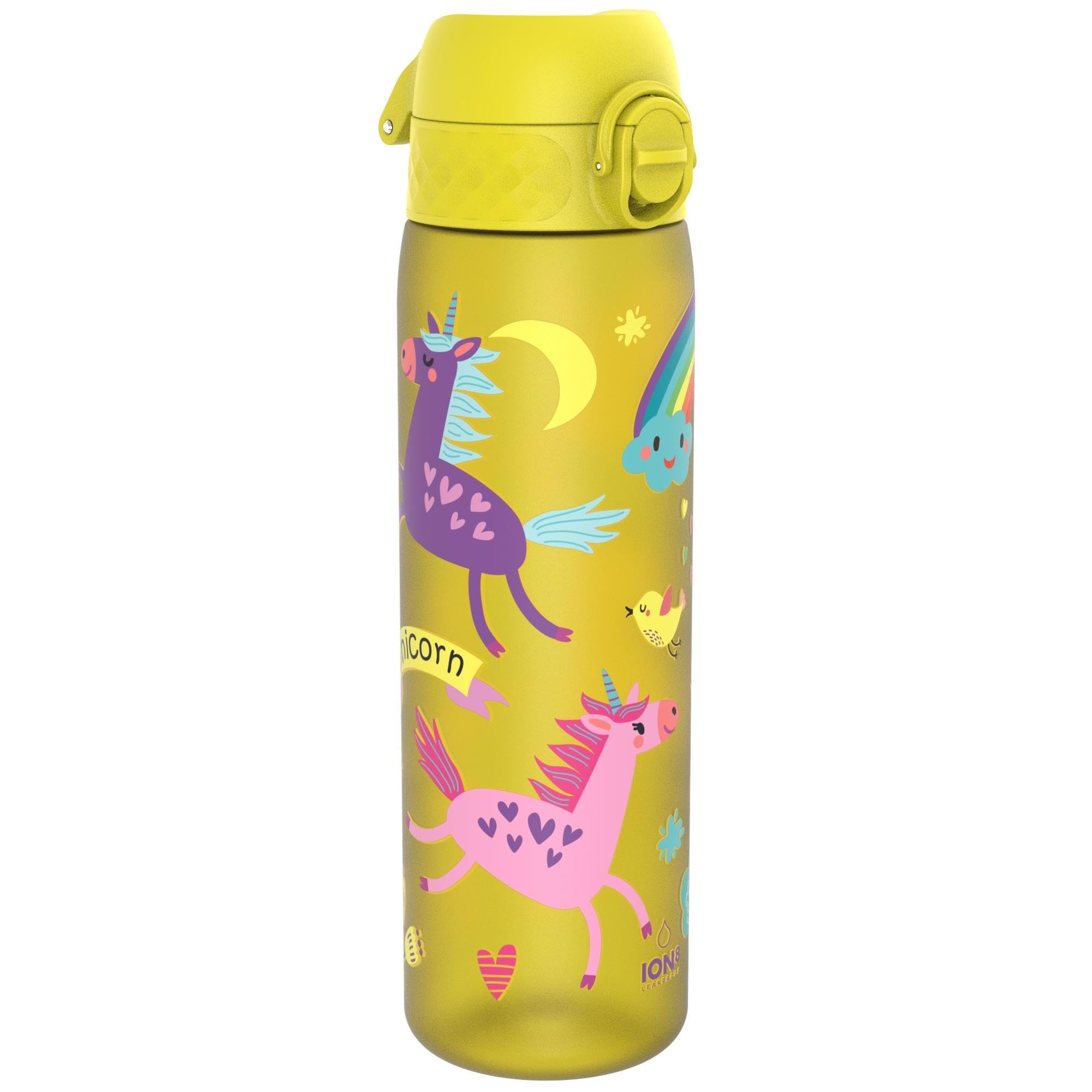 Ion8 Water Bottle, 500ml/18oz, Slim Leak Proof & BPA-Free Drinking Bottle, Secure Lock Prevents Spills, Dishwasher Safe, Carry Handle, Ideal for Adults & Kids - Travel, Gym & School, Yellow, Unicorns