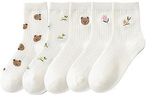 Otbushit 5 Pairs Teddy Bear Socks, Cute Socks for Girls Cute Flower and Bear Soft Cotton Embroidered White