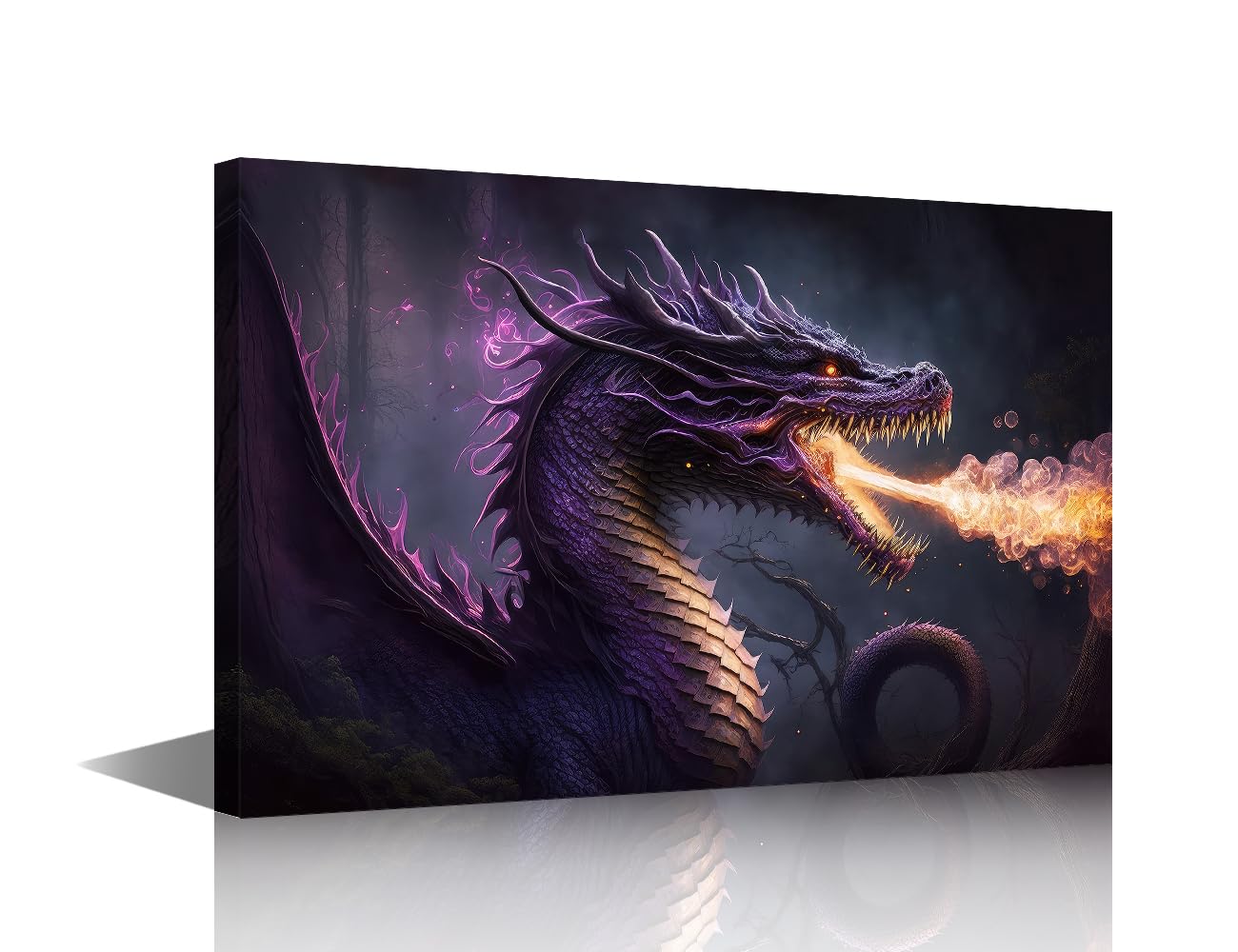 TISHIRON Canvas Wall Art for Living Room Firedragon Modern Home Decor Purple Dragon HD Printed Posters Artwork for Bedroom Office Animals Wall Art Painting Ready to Hang, 24x16in
