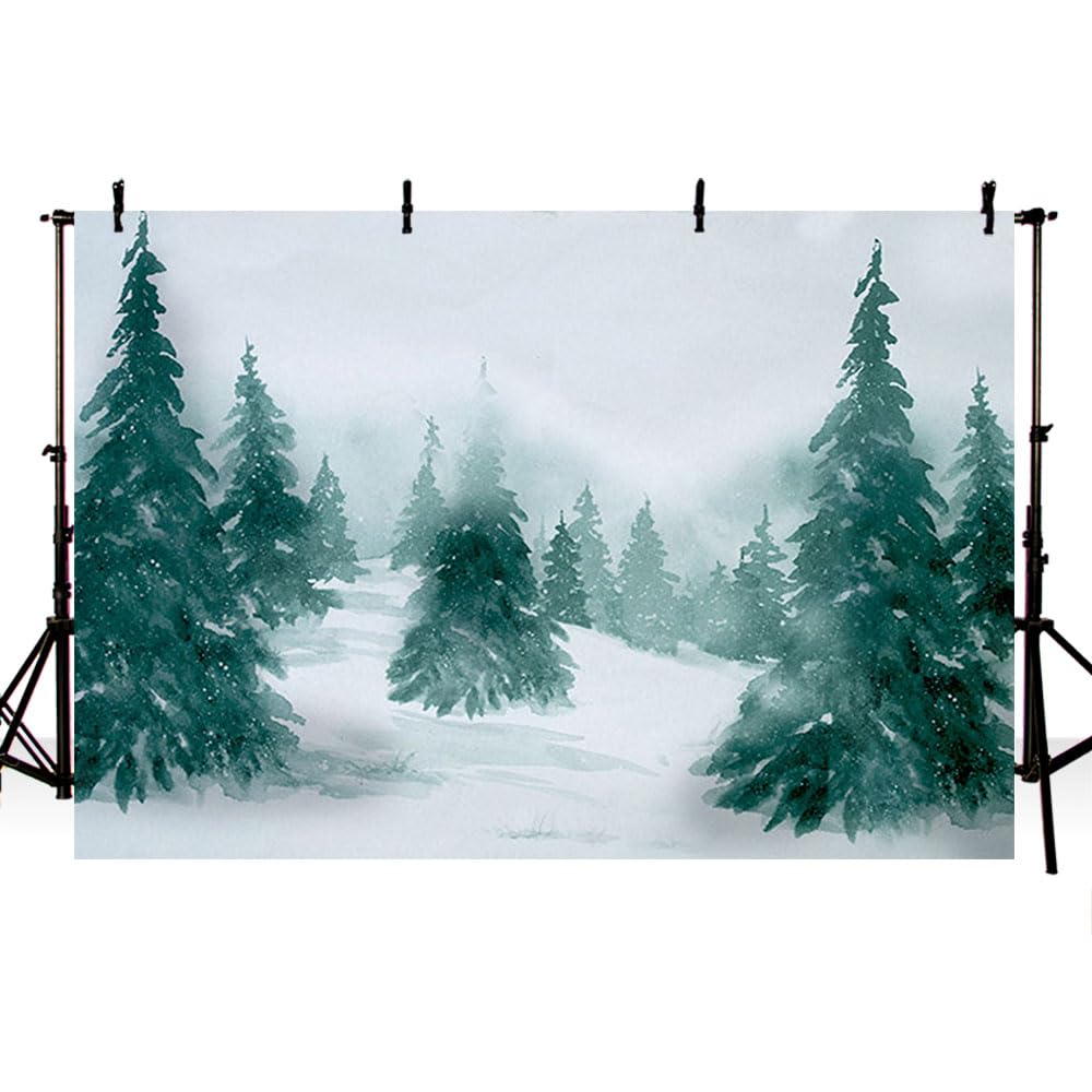 AIBIIN 7x5ft Winter Snow Pine Photograph Background Watercolors Winter Forest Green Pine Tree Holiday Decoration Backdrop Christmas Party Kids Newborn Baby Portrait Banner Studio Props