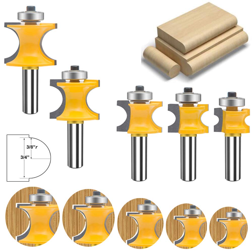 MAYLNE 1/2 Inch Shank Bullnose Router Bit Set 5PCS,Half Round Bearing Carbide Tipped Round Edge Cutting Bits，Radius Wood Door Cabinet Router Bits Sets Woodworking Tool (AQ2-G)