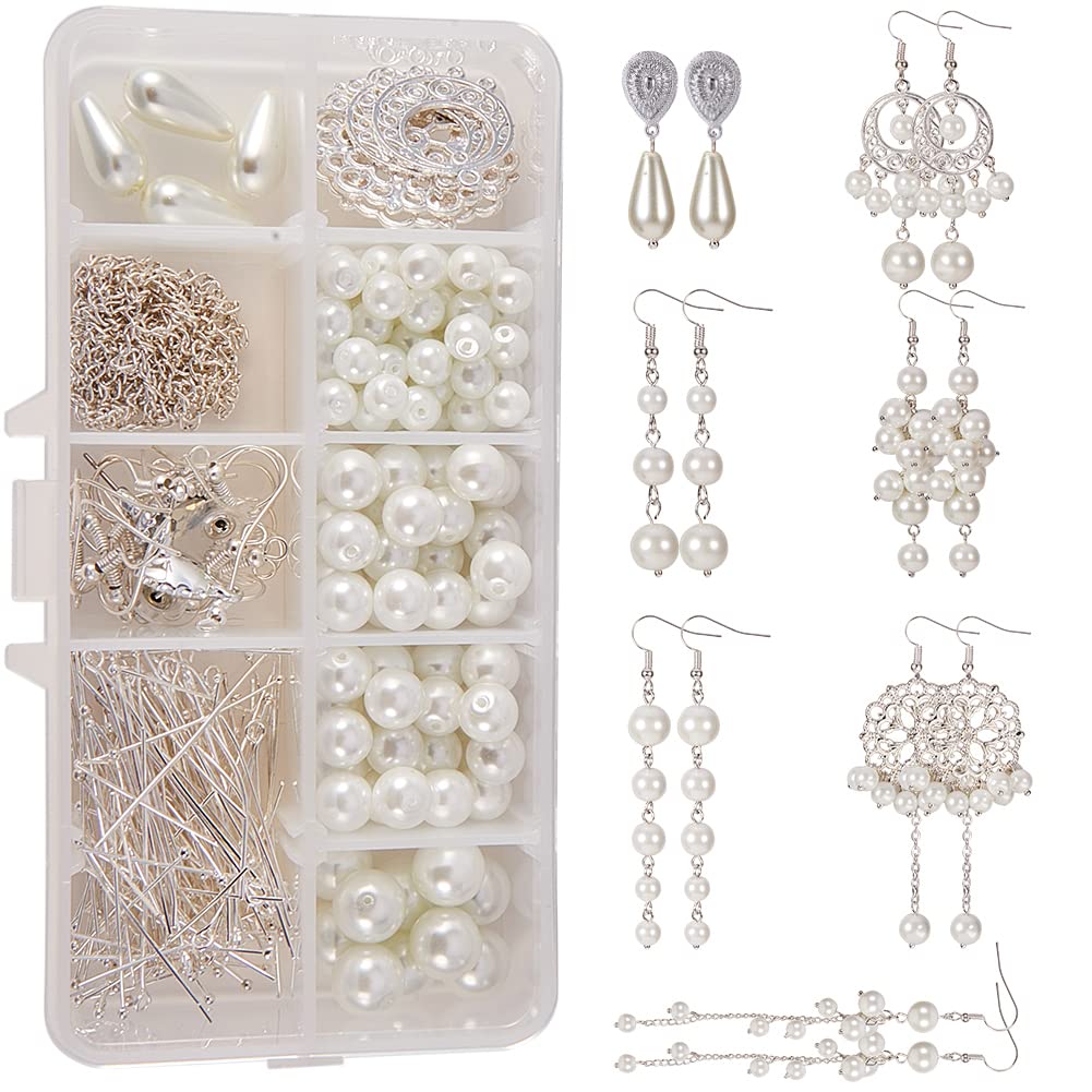 SUNNYCLUE 1 Box DIY 8 Pairs White Pearl Drop Dangle Long Earring Making Starter Kit Pearls Ball Jewelry Supplies Craft Set for Beginners Women