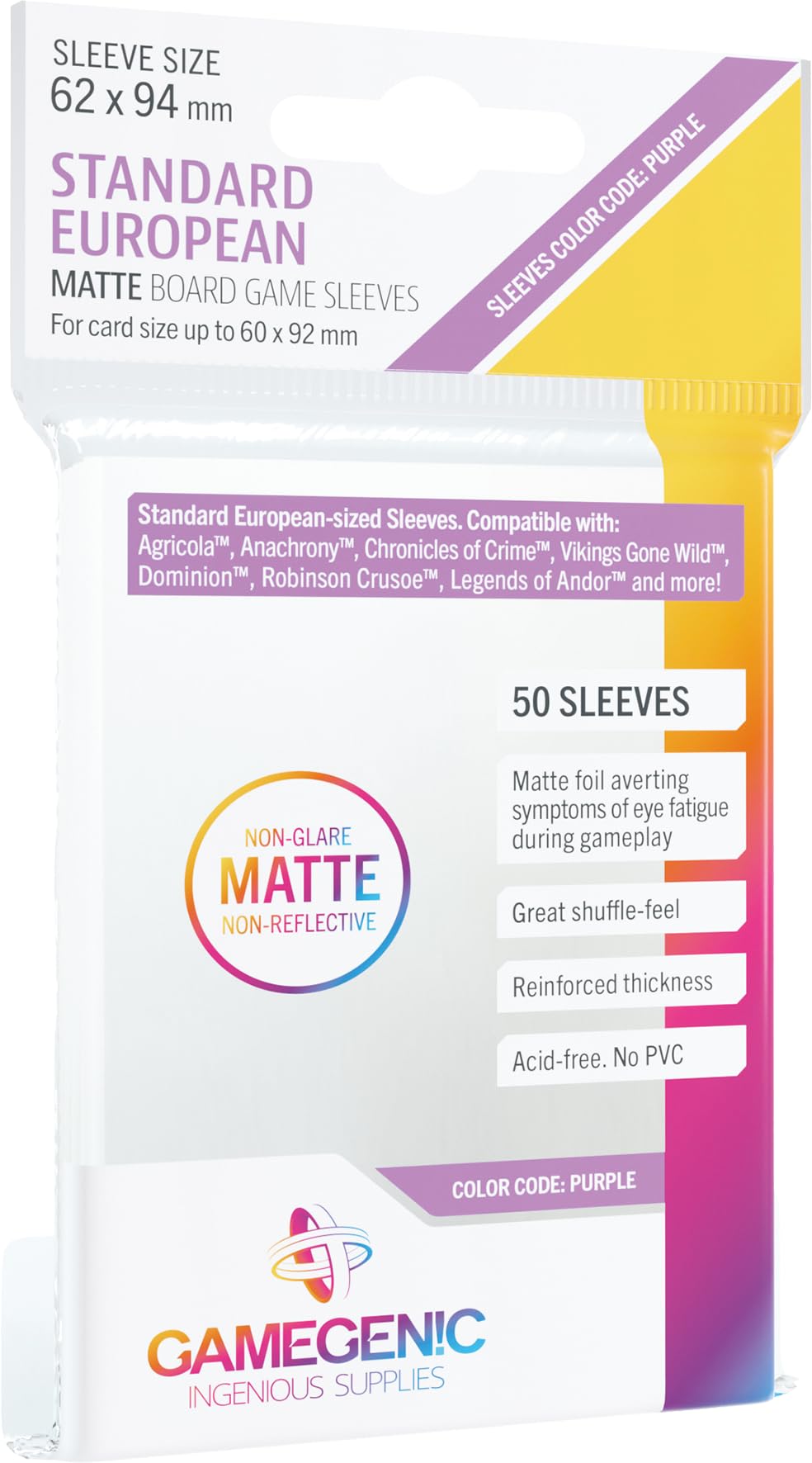 GAMEGEN!C- Matte Standard European Sized Sleeves 62 x 94 mm (50), Clear Colour (GGS10064ML)