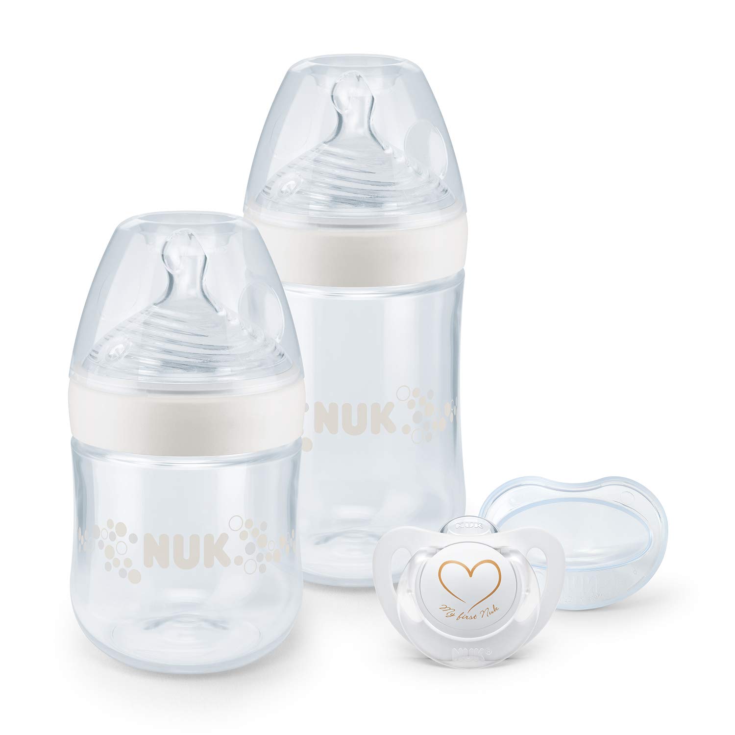 NUK Nature Sense Baby Bottle Start Set, 0-6 Months with 2 Baby Bottles, 1 Genius Soother Dummy & 1 Dummy Cover, BPA Free, 4-Piece Set