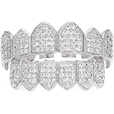HH BLING EMPIRE Iced Out Diamond Teeth Grillz for Men Women, Hip Hop Silver Grills for your teeth Top and Bottom, Rapper Costume Mouth Grillz with Silicone Molding Bars
