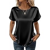 Zeagoo Satin Blouse for Women Business Casual Outfit Short Sleeve Tops Crewneck Tshirt Silk Shirt Summer Clothes