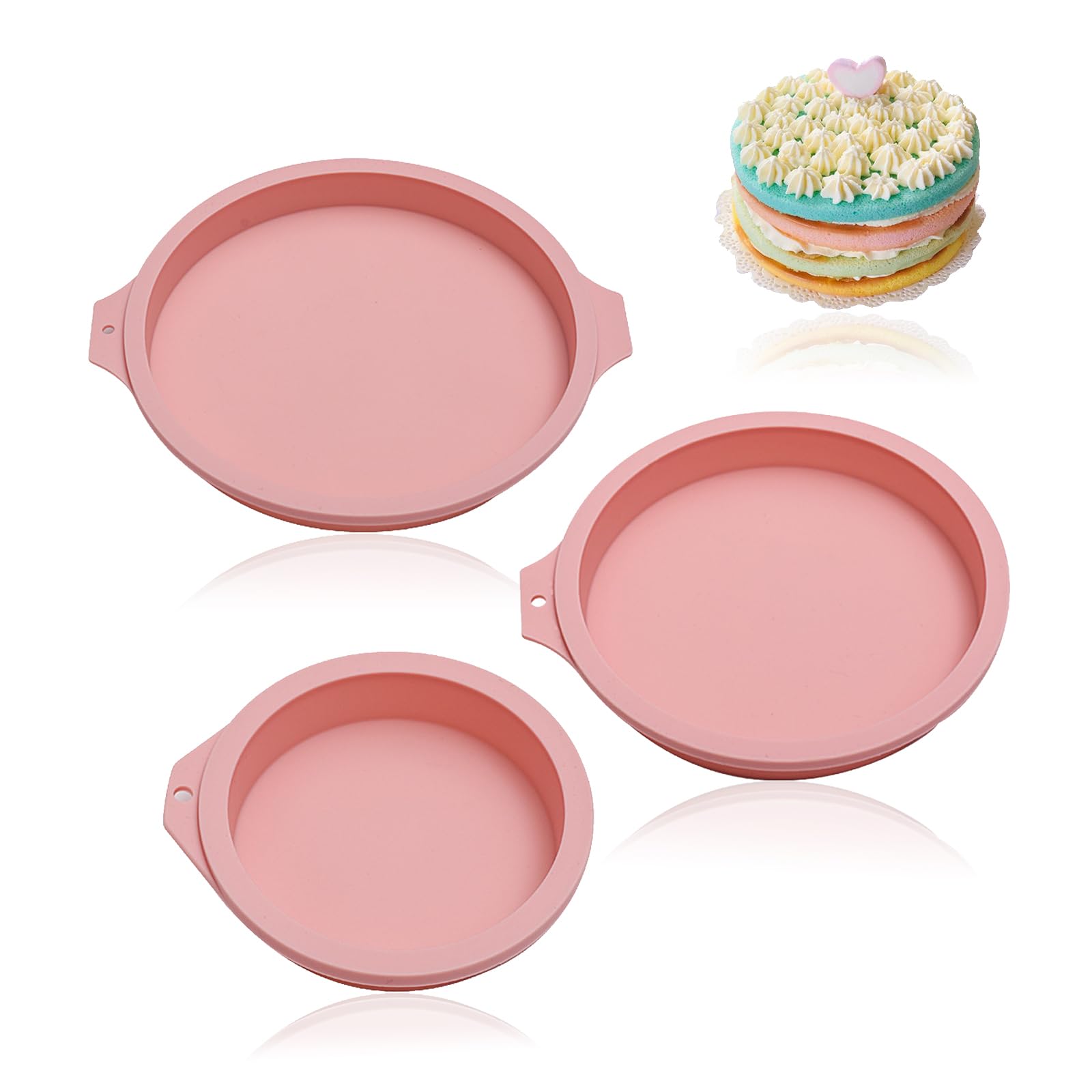 Set of 3 Silicone Baking Moulds, Round Silicone Baking Moulds, Non-Stick Coating, Easy to Release, for Layer Cakes, Rainbow Cakes, Fruit Cakes (4 Inches + 6 Inches + 8 Inches)