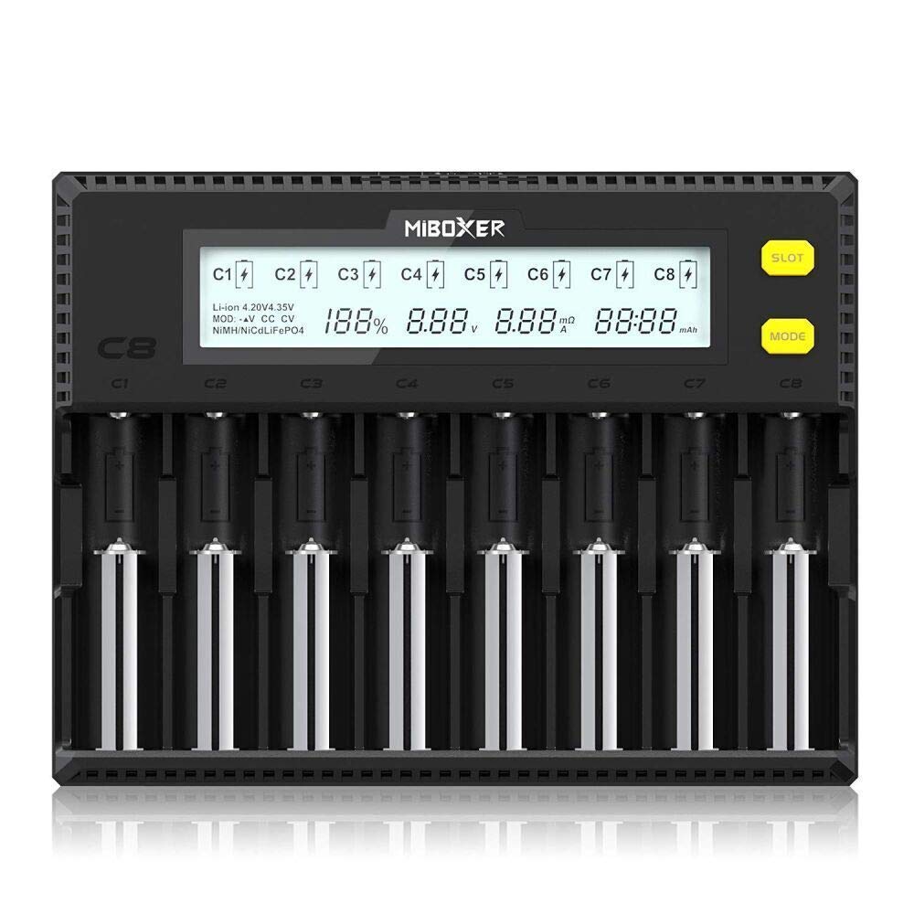 Photo 1 of MiBOXER 18650 Battery Charger, 8-Bay Smart Charger with Automatic LCD Display, Fast Charge Rechargeable Li-ion LiFePO4 Ni-MH Ni-Cd AA AAA C 21700 26650 13650 16340 18350 18700 RCR123