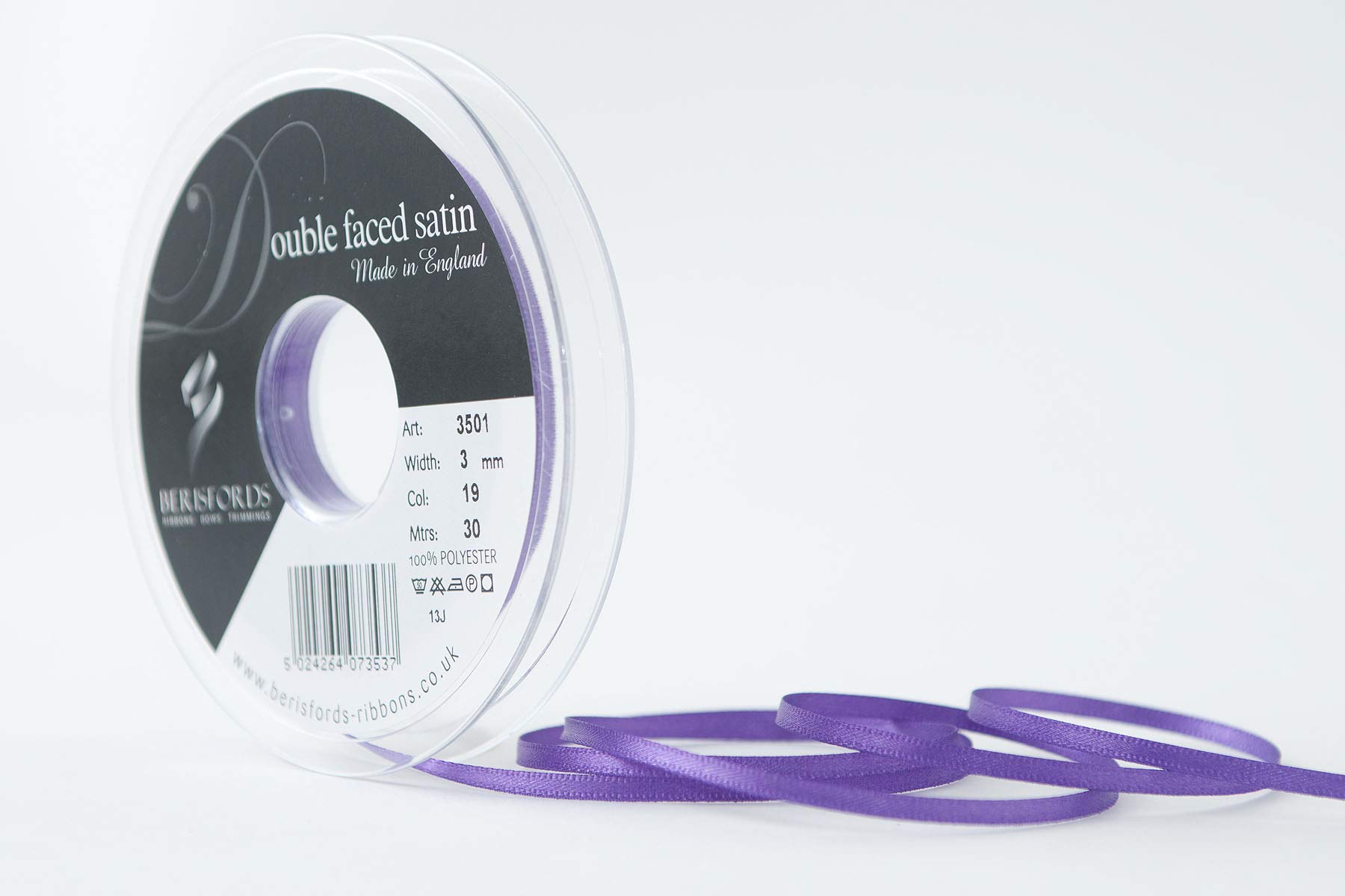 Berisfords Double Satin Ribbon, Purple, 3 mm