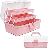 TERGOO 12in 3-Layer Plastic Craft Organizers and Storage, Portable Folding Tackle Box with Handle & Adjustable Dividers, Multipurpose Case for Sewing, Art Supplies, Medicine, Tools (White Pink)