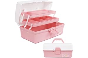 TERGOO 12in Three-Layer Multipurpose Storage Box Organizer Folding Tool Box/Art & Crafts Case/Sewing Supplies Organizer/Medicine Box/Family First Aid Box with 2 Trays (White Pink)