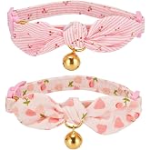 YUDOTE Cotton Bowtie Cat Collar with Bell 2 Pack Adjustable Breakaway Kitten Collars with Removeable Bow Pink Girl Cat Collars
