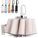 QWB Inverted Umbrella with Auto Open Close Windproof Compact Travel | No Storage Sleeve Needed with Carabiner Handle Clips to Backpack, Durable 10 Ribs, 46/50 Inch for Travel, Car and Commuting