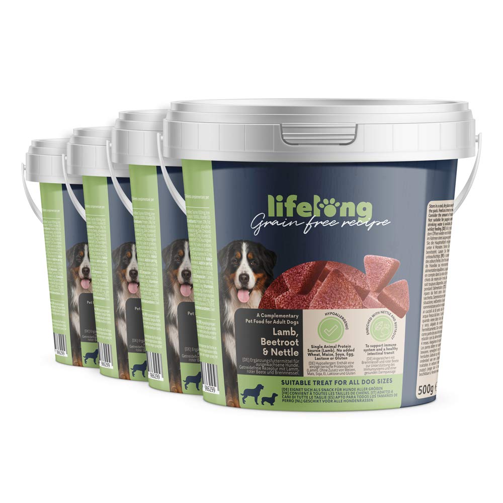 Amazon Brand - Lifelong - Grainfree Mono-Protein Dog Treats with Lamb, Nettle & Beetroot (500gr x 4 Tubs)
