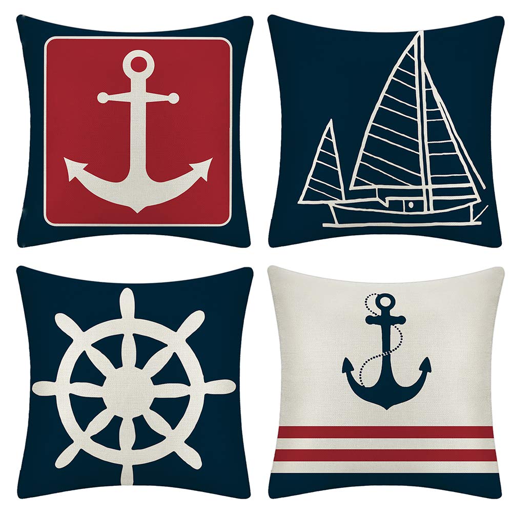 JOTOM Cushion Covers Decorative Throw Pillow Case Sofa Car Sailboat & Ship Rudder Pillowcase for Home Bed Decor 45 x 45cm,Set of 4 (Anchor) — image 1