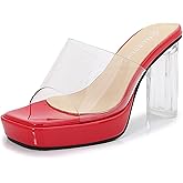 YHEROHG Women's Clear One Band Open Toe Platform Chunky High Heel Sandals Comfort Slip On Sexy Dress Heeled Slides Sandals for Wedding Prom Party Evening