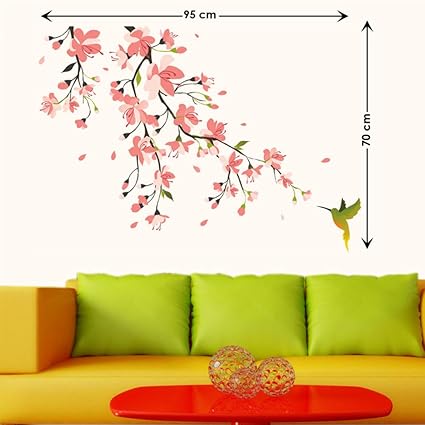 Decals Design Humming Bird and Pink Blossoms Wall Sticker (PVC Vinyl, 50 cm x 70 cm)