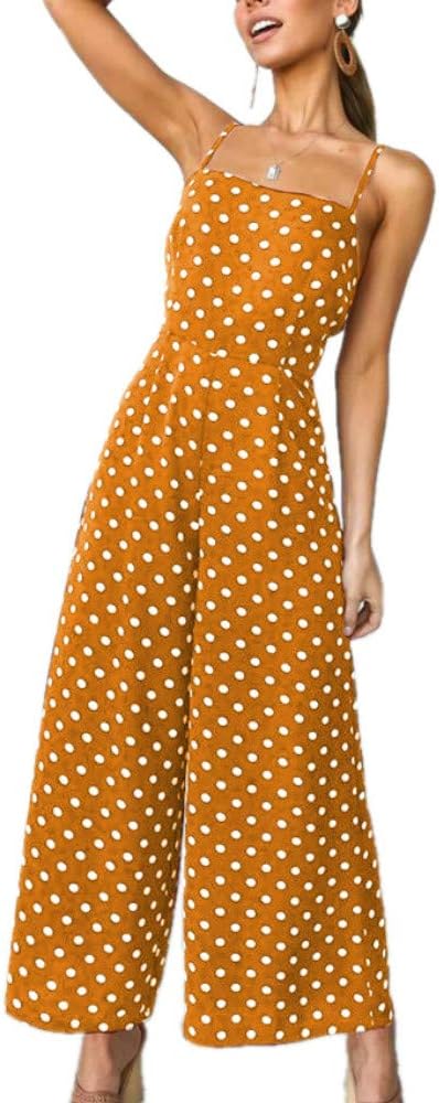 ULIAN Women's Polka Dot Holiday Long Jumpsuit Wide Leg Pants Backless Strappy Playsuit Sexy Trousers