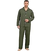Vulcanodon Mens 100% Cotton Pajamas Set, Soft Long Sleeve Pajamas for men Lightweight Button Up Sleepwear Loungewear Pjs Set