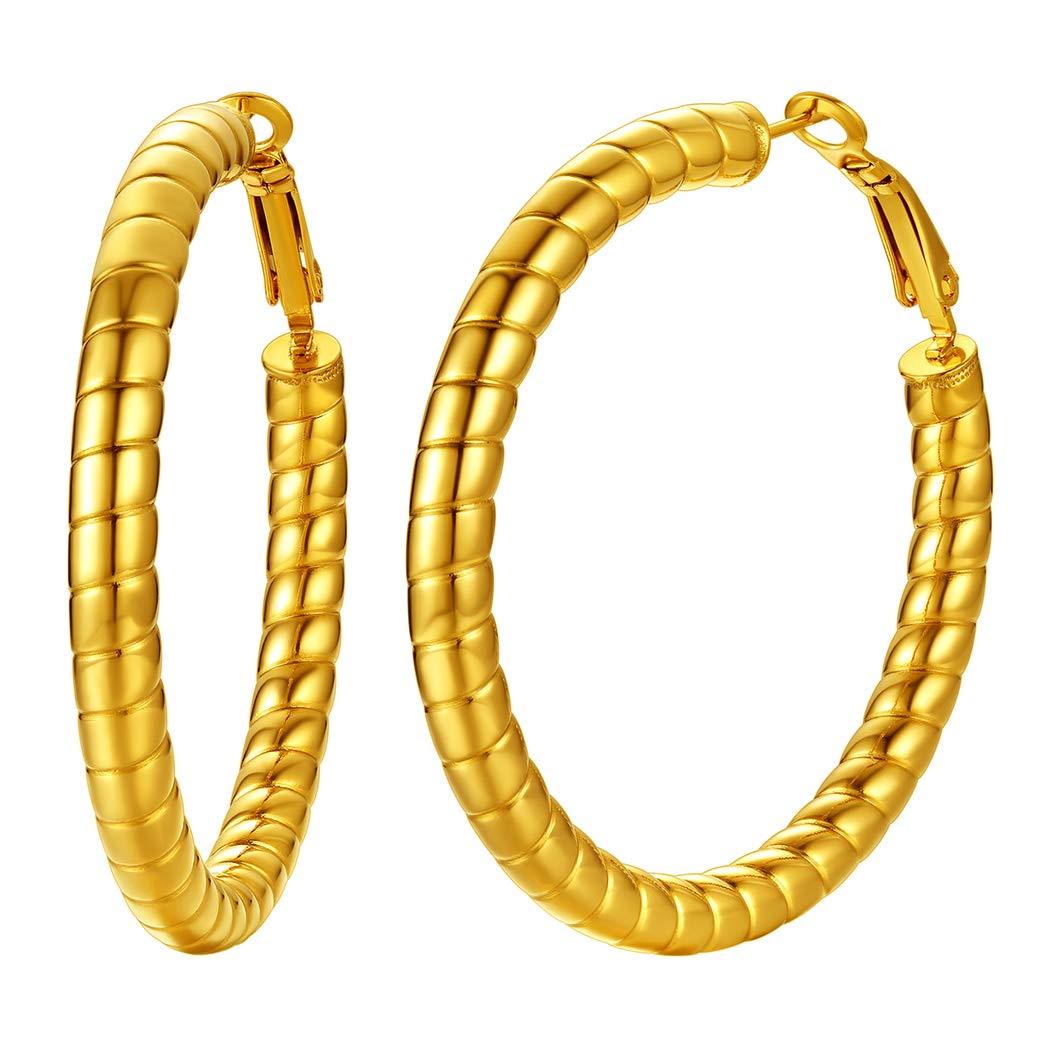 Helix Hoop Earrings Gold 40MM Diameter Air-corn Tubular Loop Earring Lightweight 18K Gold Plated Stainless Steel Jewellery For Women Present For Mother Shrimp Button Big Round Earbob (With Gift Box)