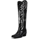 wetkiss Cowboy Boots for Women Knee High Cowgirl Tall Boots with Classic Retro Embroidered Chunky Heel Slip On Pointed Toe Womens Western Boots for Girls Ladies