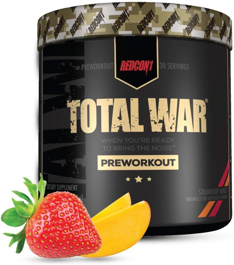 Redcon1 Total War - Pre Workout, 30 Servings, Boost Energy, Increase Endurance and Focus, Beta-Alanine, 350mg Caffeine, Citrulline Malate, Nitric Oxide Booster - Keto Friendly (Strawberry Mango): Health & Personal Care