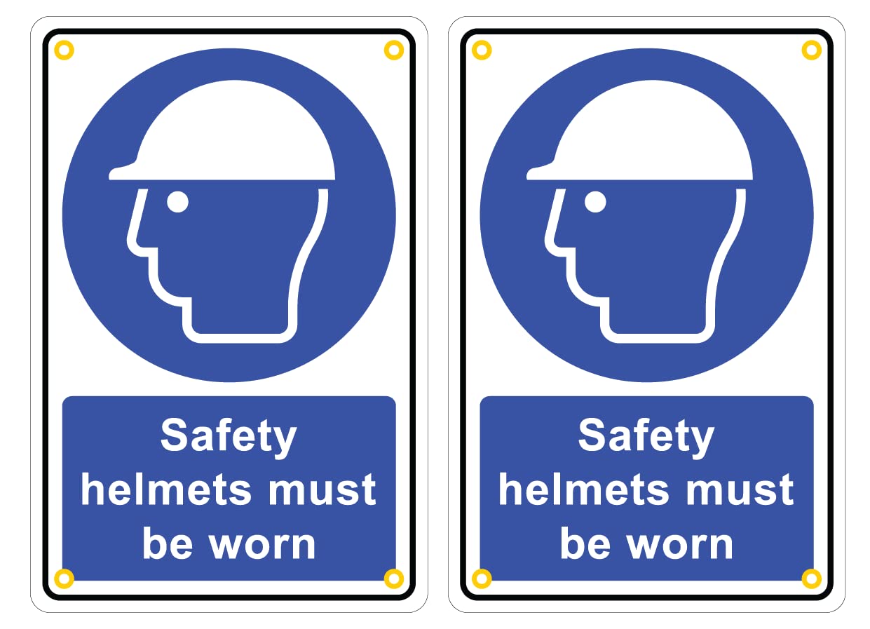 Pack of 2 rigid plastic signs 300mm x 200mm x 3mm with rounded corners and eyelets - Safety helmets must be worn