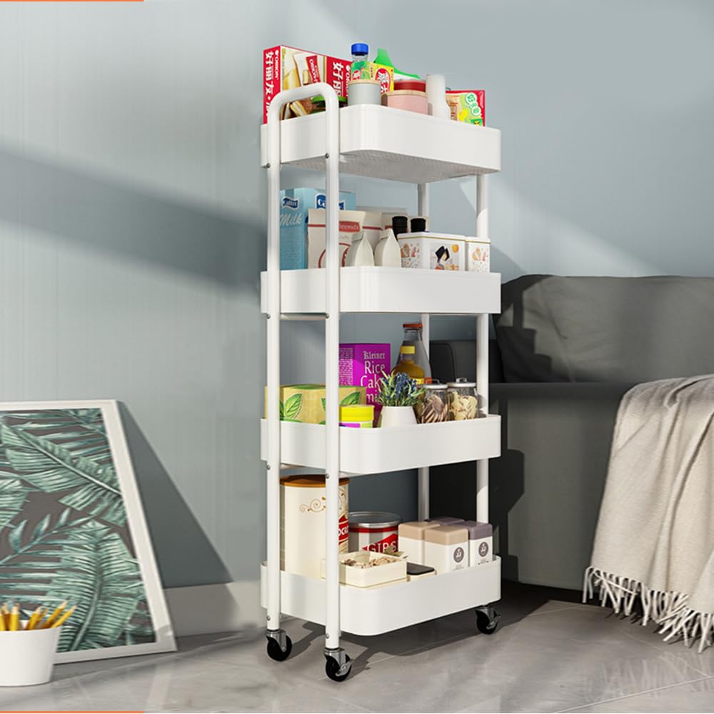 4-Tier Storage Rolling Cart Trolley Metal Mobile Shelving Organiser with 360° Swivel Wheels for Kitchen, Bedroom, Bathroom Laundry Office Multi-Purpose Rolling Organizer Trolley Shelf (White) (White)