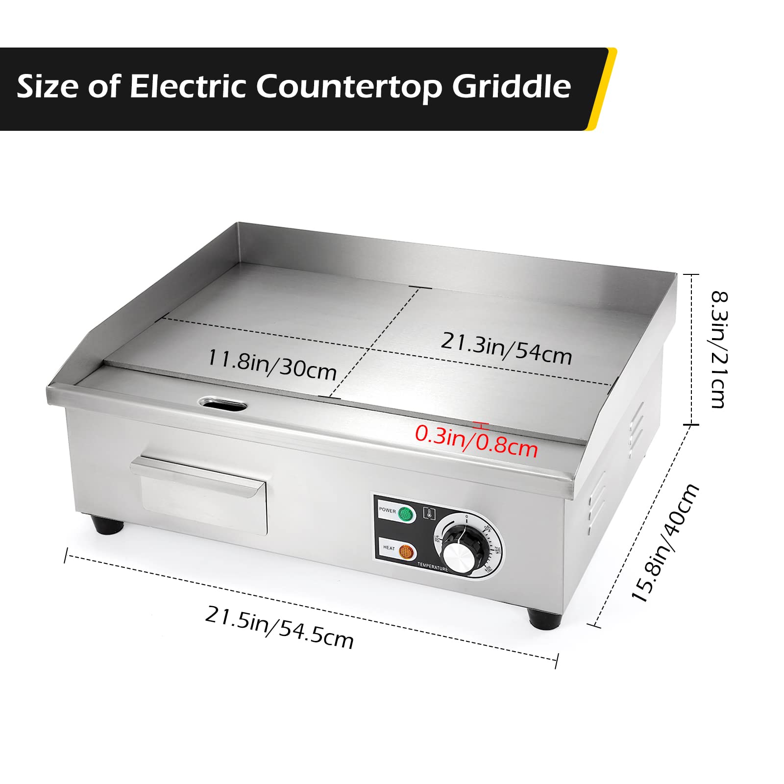 Dyna-Living Commercial Electric Griddle 22'' Flat Top Grill Countertop 3000W Stainless Steel Electric Griddle Nonstick Commercial Flat Top Griddle Countertop Grills, 122°F-572°F Temp Adjustable