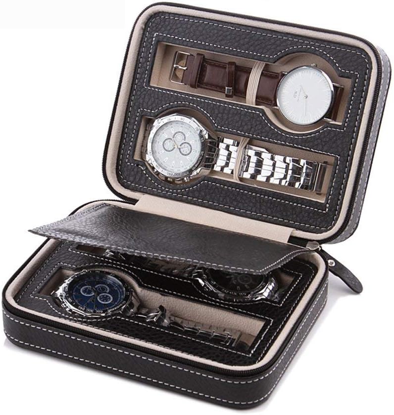CraftEarth Portable Travel Watch Case | Leather | Zippered | 4-Slot Watch Storage Box | Display Organizer (Black)