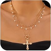 Chunky Cross Necklace for Women Layered Gold Cross Virgin Mary Pendant Rhinestone Paperclip Chain Flower Pearl Choker Statement Dainty Jewelry Gift for Christmas Birthday New Year