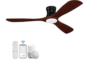 Hoenofly 52” Smart Wood Flush Mount Ceiling Fans with Lights Remote,Quiet DC Motor,Outdoor Indoor Low Profile Ceiling Fan,Voice WIFI Alexa App Control,Dimmable,6-speed,for Modern Bedroom Patio