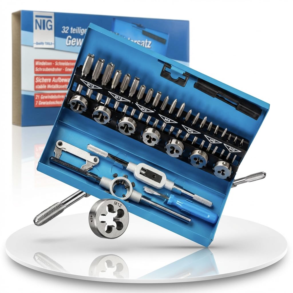 NTG Thread Cutting Set 32 Pieces Including Storage Case M3, M4, M5, M6, M8, M10, M12 for Internal and External Thread – Precise and Reliable