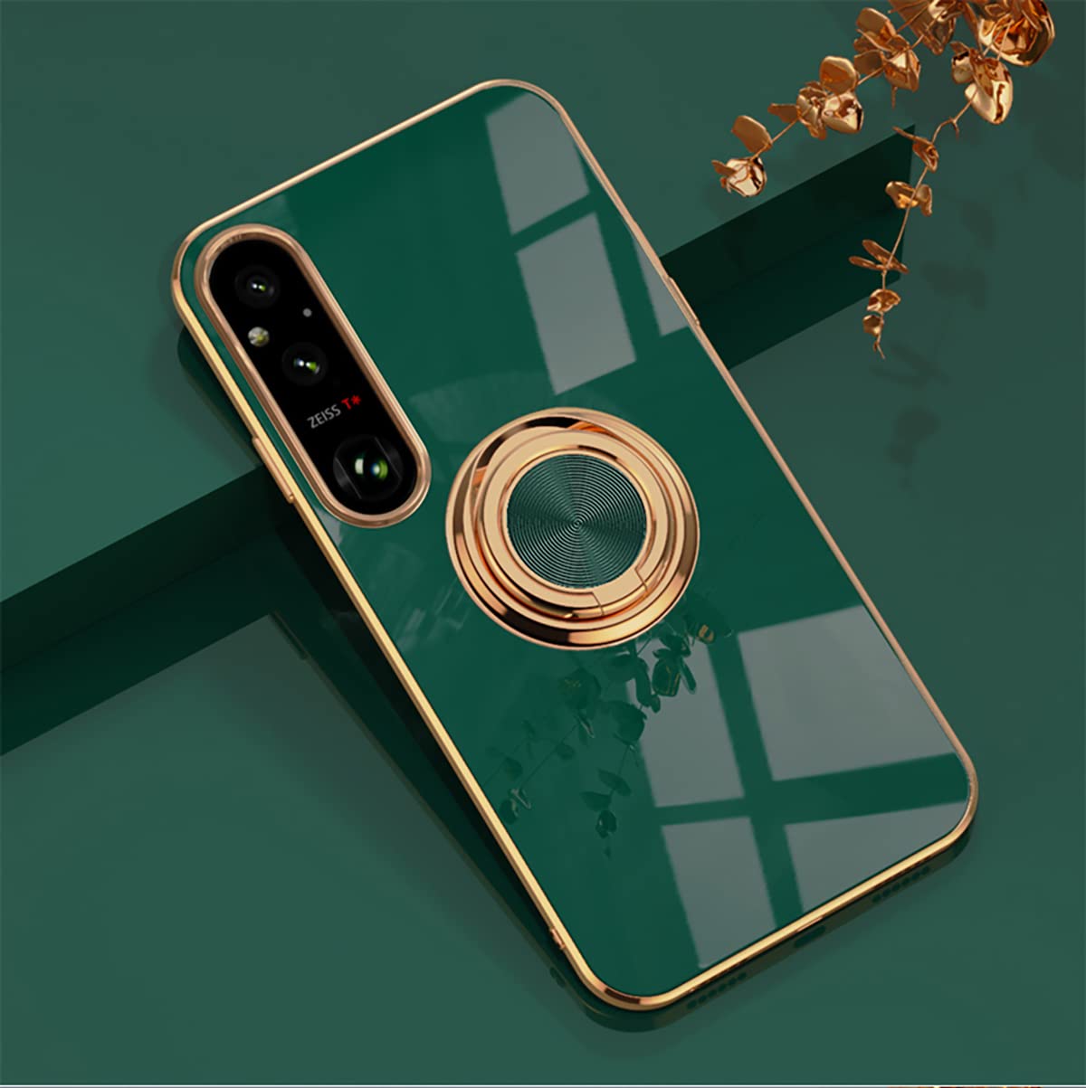 Sony Xperia 1 V Case (5th Gen), TPU Silicone Soft Material Phone Case with Ring Hold Kickstand Shockproof Cover Support Magnetic Car Mount Slim Protective Case for Sony Xperia 1 V, Dark Green