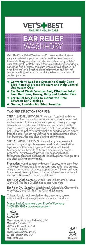 Vet's Best Dog Ear Cleaner Kit | Multi-Symptom Ear Relief | Wash & Dry Treatment | Alcohol-free : Pet Ear Care Supplies : Pet Supplies