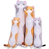 Cute Cat Plush Long Body Pillow Cuddle Cartoon Stuffed Animals Cat Plushie Soft Doll Pillows Gifts for Kids Girls (Gray, 19 I