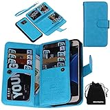 DRUnKQUEEn S7 Case, Premium Leather Credit Card Holder Feature Wallet Type Flip Folio Case - Detachable Magnetic Back Cover with Lanyard Wrist Hand Strap for G930 Samsung Galaxy S7 - Blue