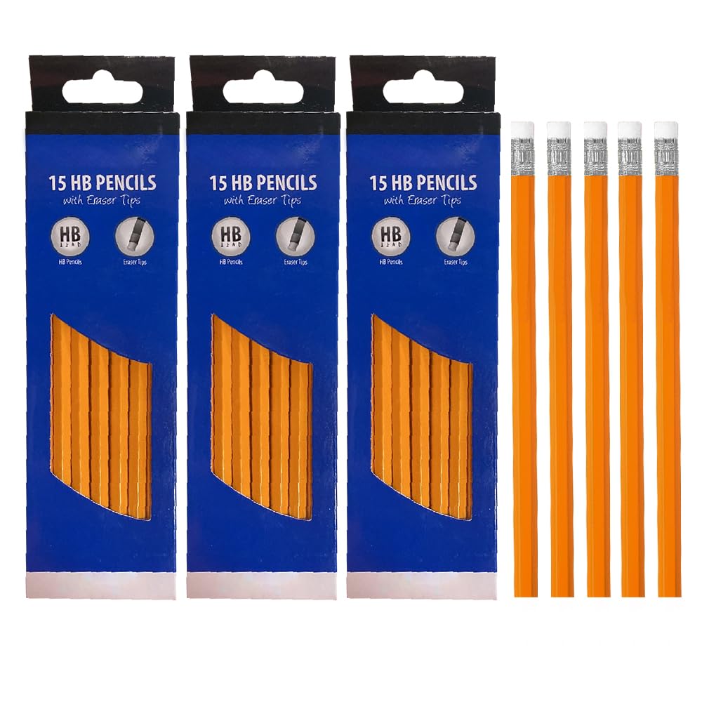 ZOPPER HB Pencils with Eraser Tops 45-Pack | Unsharpened Graphite | Ideal for School, Office, Drawing & Sketching | 3 Boxes of 15 Pencils