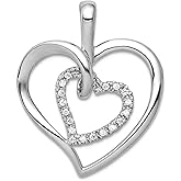 JewelryWeb 14k White Gold and Diamond Double Love Heart Pendant Necklace 27x20mm Wide Pendant for Women
