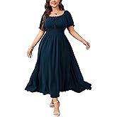 SHESTARR Women's Plus Size Maxi Dress Short Sleeve Smocked Square Neck Tie Front Split A-Line Flowy Long Dresses
