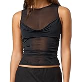 Women Sheer Mesh Tank Top Y2k Sleeveless See Through Ruched Tops