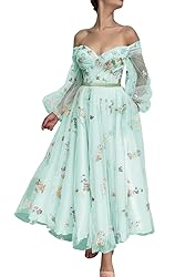 Flower Embroidery Puffy Sleeve Prom Dresses Long